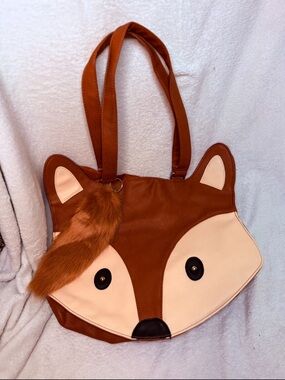 Cute Fox Face Tote Bag in Brown and Cream - Charming Women’s Handbag